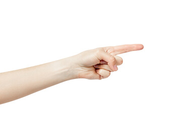 The hand indicates the direction. Finger pointing gesture.