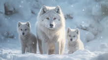 Very Beautiful Illustration Of A Polar Wolf With Cubs Walking In A Snowy Environment. Arctic Wolf In The Middle Of The Snow. Arctic Wolf. Realistic 3D Illustration. Generative AI