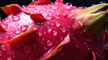 Wall Mural - Generative AI, bright slice of juicy ripe dragonfruit and water drops, macro of summer fruit