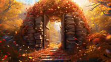 Gate Made Of Books In The Autumn Forest. 