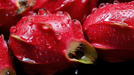 Wall Mural - Generative AI, bright slice of juicy ripe dragonfruit and water drops, macro of summer fruit