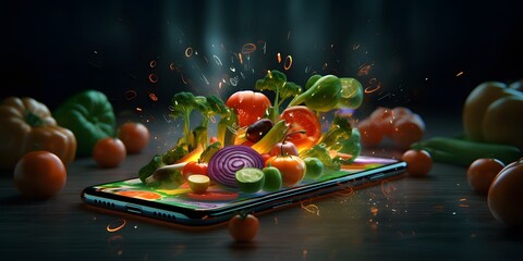 Mobile phone for searching online recipe, diet, nutrition. Grocery shopping app concept