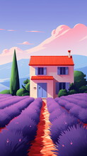 Beautiful Travel Poster Of French House In La Provence With Lavender, France, Wallpaper Illustration For Poster, Postcard, Card, Print. Generative Ai