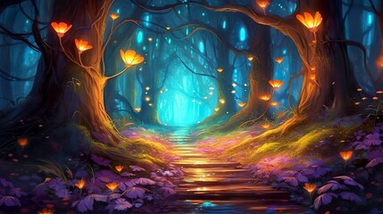 Wall Mural - Fantasy fairy tale background with forest and blooming path. Fabulous fairytale outdoor garden and moonlight background. AI Generative