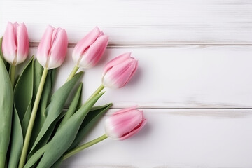 Wall Mural - Pink tulips on wooden table. Spring background for Mothers Day. Generative ai.