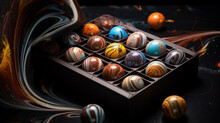 minimalism, view from top, product photo extremely detailed luxury candy box with belgium chocolate candies inside