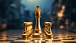 Set of luxury golden chess pieces isolated on dark background. The photo of gold chess, king, rook, bishop, queen, knight, and pawn