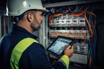 Aufkleber - Electrical engineer is installing and using a tablet to monitor the operation of electrical control panel in a factory service room.