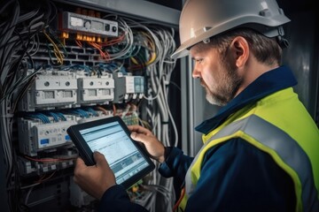 Poster - Electrical engineer is installing and using a tablet to monitor the operation of electrical control panel in a factory service room.