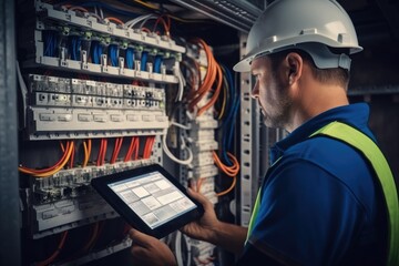 Aufkleber - Electrical engineer is installing and using a tablet to monitor the operation of electrical control panel in a factory service room.