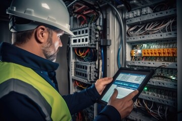 Aufkleber - Electrical engineer is installing and using a tablet to monitor the operation of electrical control panel in a factory service room.