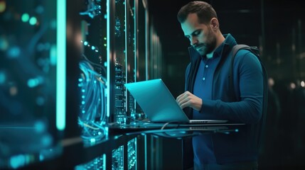 Fototapete - IT Professional Admin Using Laptop in Data Center while Working Next to Server Racks Running Diagnostics or Doing Maintenance Work.