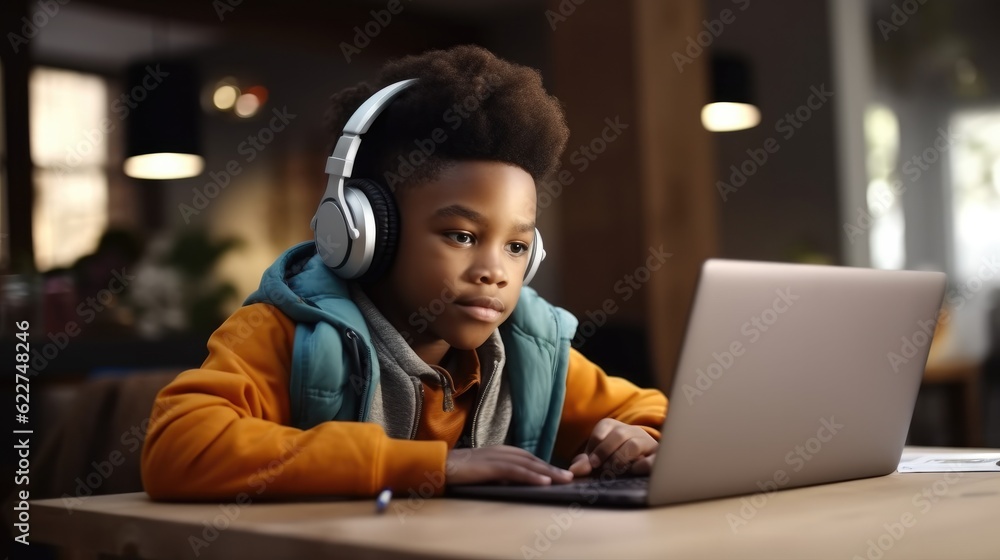 African american boy learning and using laptop while e-learning at home ...
