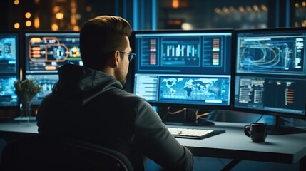 Wall Mural - it specialist works on personal computer with screens showing software program with coding language 