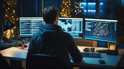 Wall Mural - it specialist works on personal computer with screens showing software program with coding language 