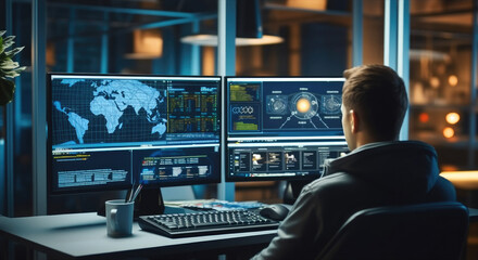 Wall Mural - it specialist works on personal computer with screens showing software program with coding language 