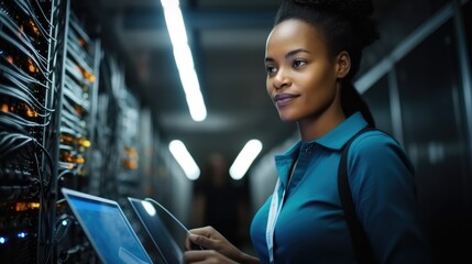 Aufkleber - African American woman using tablet while working in data center and checking hardware on server racks.