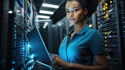 Fototapete - African American woman using tablet while working in data center and checking hardware on server racks.
