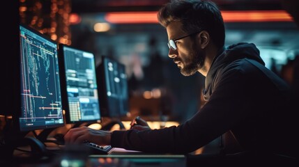 Fototapete - Professional IT Technical Support Specialist is working on Desktop Computer in Monitoring Control Room.