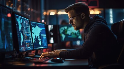 Fototapete - Professional IT Technical Support Specialist is working on Desktop Computer in Monitoring Control Room.