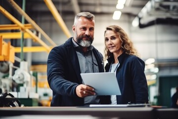 Leinwandbilder - Portrait of an industrial man and woman engineer working in a factory.