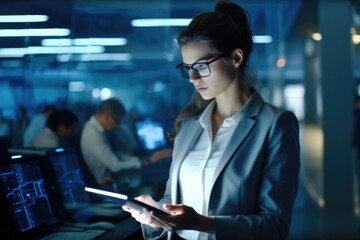 Poster - Young Female Government Employee Uses Tablet in System Control Center.