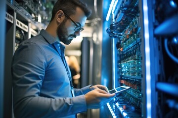 data center engineer, young man holding digital tablet standing by supercomputer server cabinets in 