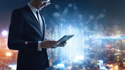 Business man using tablet on futuristic network connect city technology, Innovative technology background.