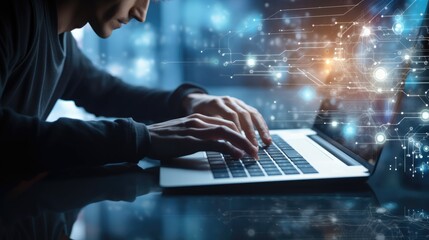 Aufkleber - Man using modern computer surfing internet futuristic innovative technology background, Internet network connection.