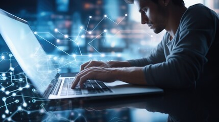 Aufkleber - Man using modern computer surfing internet futuristic innovative technology background, Internet network connection.