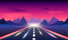Neon Road In The Mountains In Synthwave Style. 80s Styled Highway To Horizon, Purple And Blue Retro Arcade Scene.