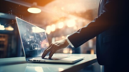 Aufkleber - Businessman using tablet and analysis sale data graph growth on modern interface icons on strategy, Digital online marketing.