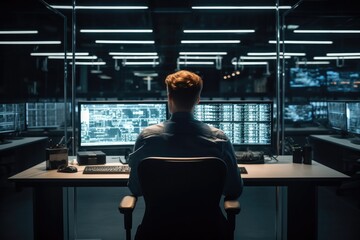 Aufkleber - Technician man monitoring program from a lot of monitor, Multiple Screens Showing Technical Data, In the Background Data Center with Server Racks.
