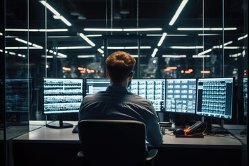 Aufkleber - Technician man monitoring program from a lot of monitor, Multiple Screens Showing Technical Data, In the Background Data Center with Server Racks.