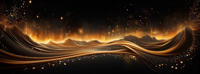 Wall Mural - Luxury golden wave of lights and sparkle, elegant fluid data transfer technology, bokeh gold swirl on black background. Card for luxury greetings, business, technology. Generative Ai.