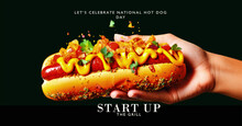 National Hot Dog Day, Hand Holding A Hot Dog. Generative AI