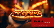 National Hot Dog Day, Hand Holding A Hot Dog. Generative AI