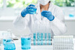 medicine research in chemical laboratory, chemist scientist working with liquid experiment test analysis by using scientific tube beaker glassware, chemistry science pharmaceutical medical lab concept