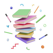 Pile Of Books And School Supplies On White Background. Back To School Concept. 3d Rendering