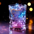The glass has pink and purple crystals in it, in the style of minimalist backgrounds, pink and blue, high contrast shots
