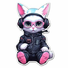 Sticker - Cartoon white cat with black attire and headphones isolated on a white background. AI-generated.