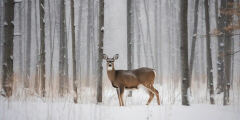 Poster - AI generated illustration of a majestic white-tailed deer in a picturesque winter forest