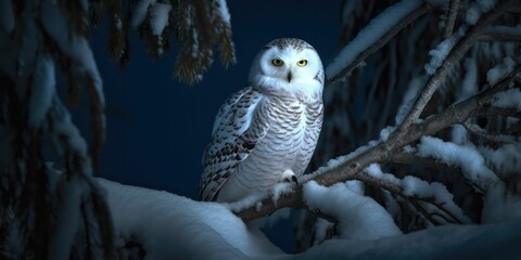 Wall Mural - AI generated illustration of a majestic snowy owl perched atop a snow-covered surface