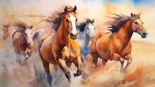 AI Generated Illustration Of A Beautiful Painting With A Group Of Horses Running In The Desert