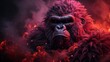 Red background with a dominant gorilla in the foreground. The gorilla has red eyes and a striking facial expression. Generative AI