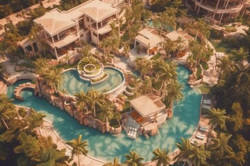  Aerial shot of a luxurious beach resort on tropical island, featuring stunning infinity pools, private villas, and pristine landscapes, enticing viewers to indulge in an idyllic escape. Generative AI