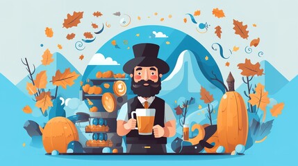 Wall Mural - Oktoberfest poster with accordion, pretzel and beer mugs,oktoberfest background，Celebration poster illustration.AI generated. 