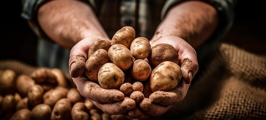 Wall Mural - AI generated illustration of a farmer holding a pile of potatoes with earth in his hands