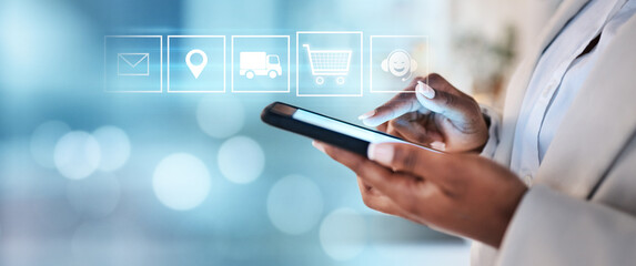 Poster - Hologram, businesswoman or hands typing on a phone for an app, social media, internet post or notification. Icons, digital mockup space or worker texting or searching for online shopping on mobile