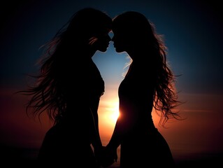 Wall Mural - two women kissing each other on a natural dark background